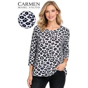 CARMEN MARC VALVO Womens M Animal Print Leopard 3/4 Slv Slinky Top Black Cream